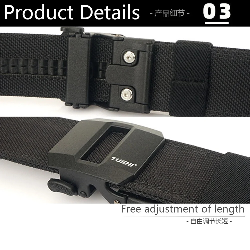 TUSHI Brand Hard Tactical Gun Belt Mens Metal Automatic Buckle Thick Nylon 3.8CM Wide Casual Sports IPSC Girdle Male