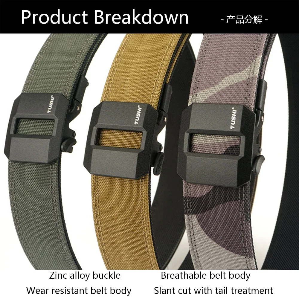 TUSHI Brand Hard Tactical Gun Belt Mens Metal Automatic Buckle Thick Nylon 3.8CM Wide Casual Sports IPSC Girdle Male