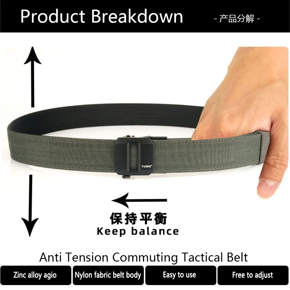 TUSHI Brand Hard Tactical Gun Belt Mens Metal Automatic Buckle Thick Nylon 3.8CM Wide Casual Sports IPSC Girdle Male
