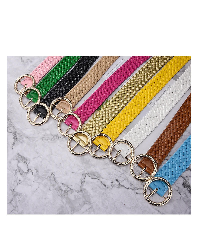 New Fashion Women Braided Bright Colors Belts Circular Gold Buckle Ladies Waist Ornament No Holes All Matching