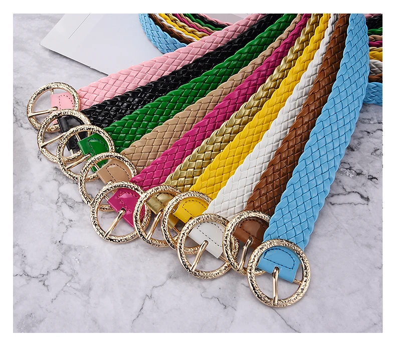 New Fashion Women Braided Bright Colors Belts Circular Gold Buckle Ladies Waist Ornament No Holes All Matching