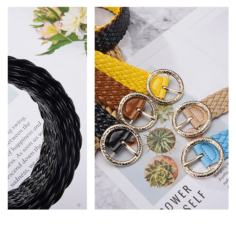 New Fashion Women Braided Bright Colors Belts Circular Gold Buckle Ladies Waist Ornament No Holes All Matching