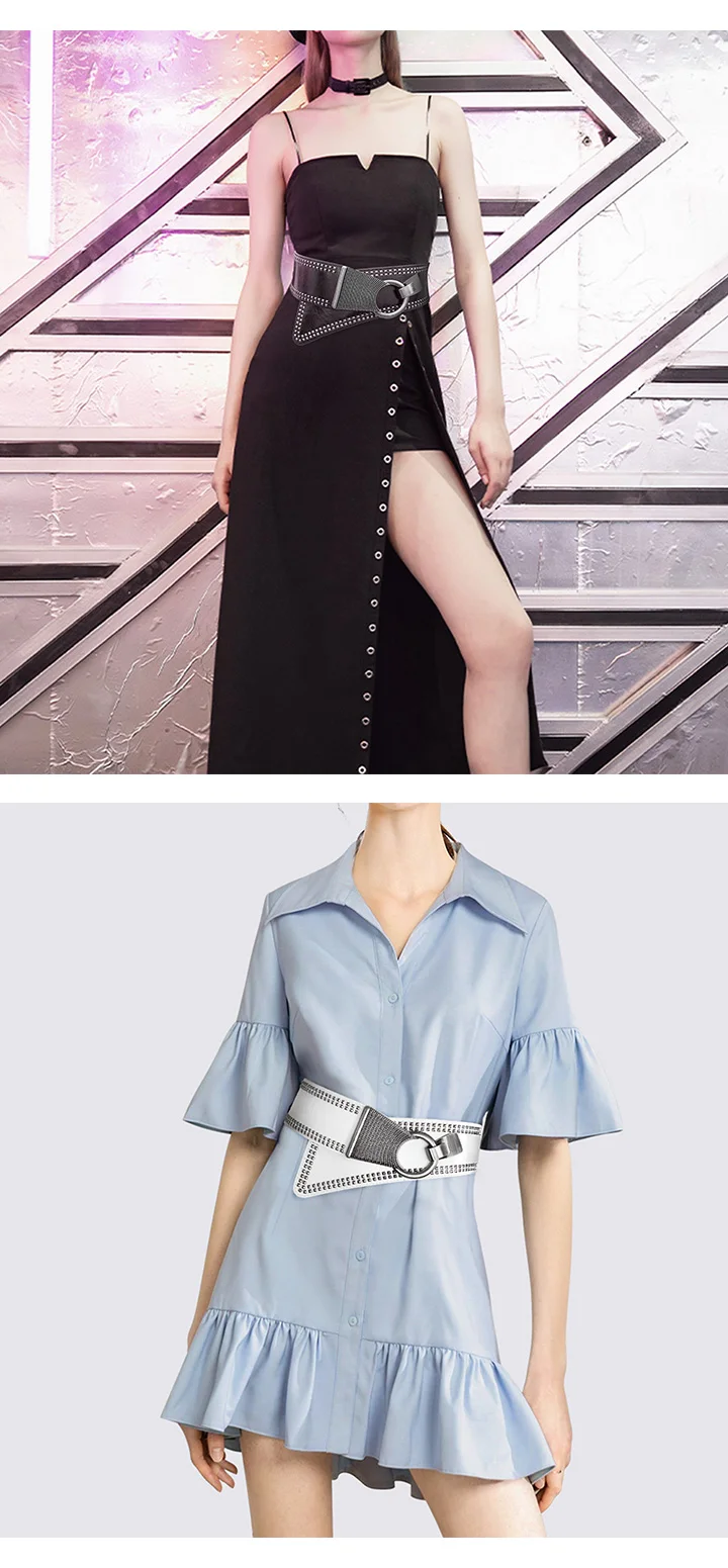 Maikun Fashion Punk Rocker Wide Belts for Women Elastic Wide European Style Women Belts Metal Round Buckle