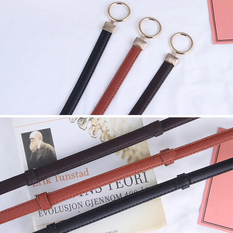 Women PU Leather Belt Skinny Thin Adjustable Waistband For Ladies Gold Round Buckle Waist Belt Dress Coat Accessories