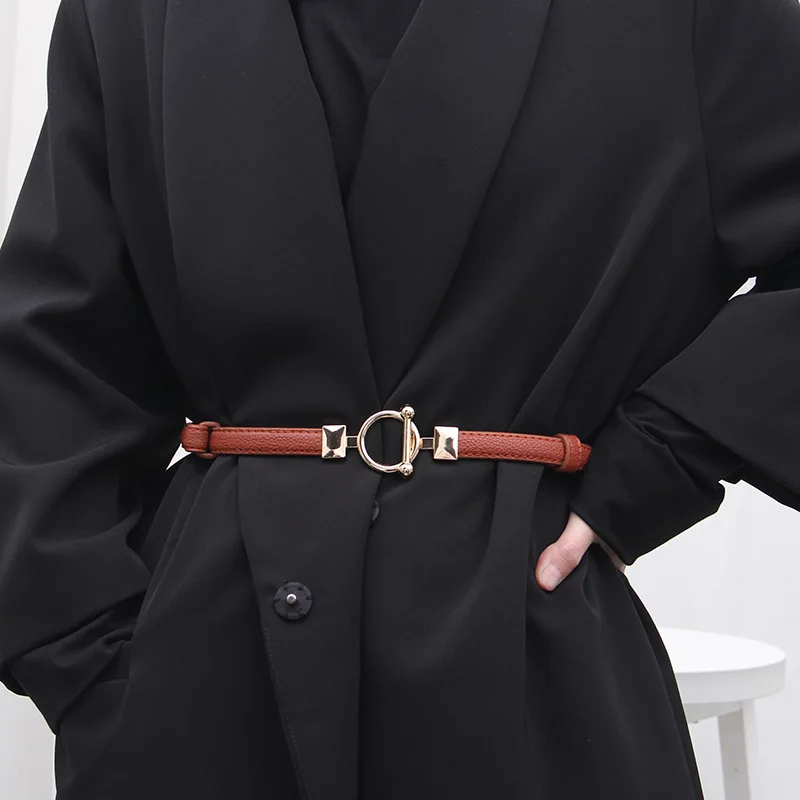 Women PU Leather Belt Skinny Thin Adjustable Waistband For Ladies Gold Round Buckle Waist Belt Dress Coat Accessories