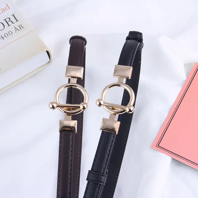 Women PU Leather Belt Skinny Thin Adjustable Waistband For Ladies Gold Round Buckle Waist Belt Dress Coat Accessories