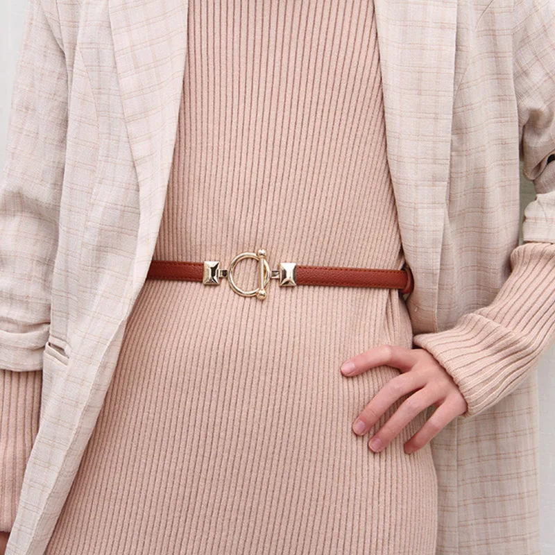Women PU Leather Belt Skinny Thin Adjustable Waistband For Ladies Gold Round Buckle Waist Belt Dress Coat Accessories