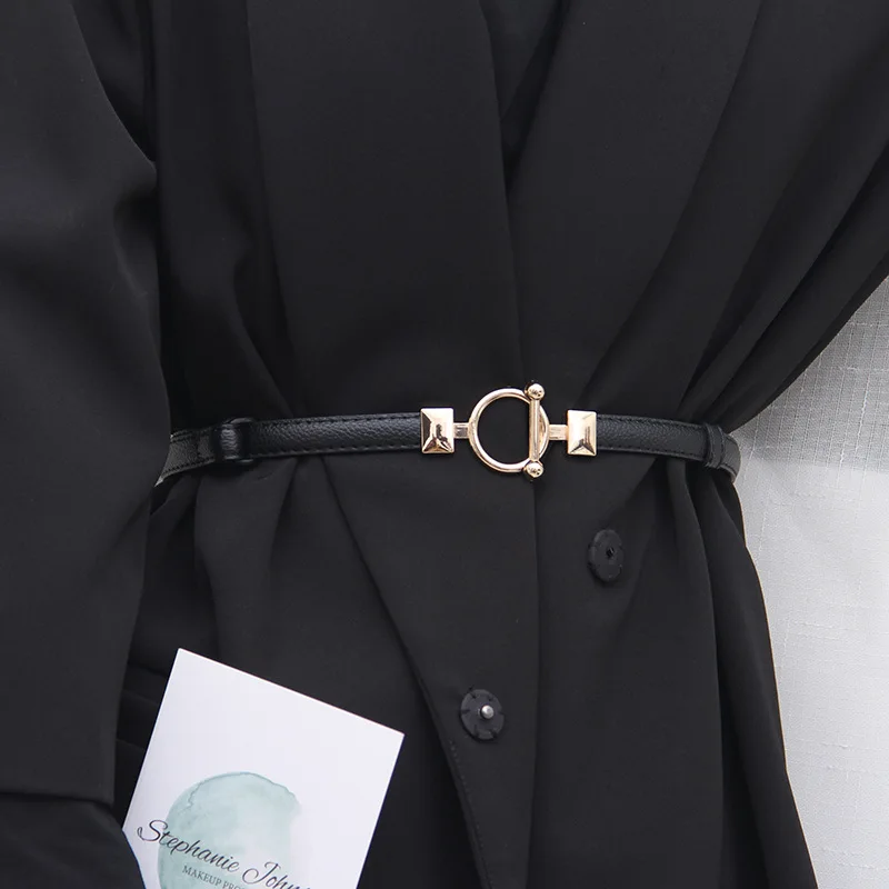 Women PU Leather Belt Skinny Thin Adjustable Waistband For Ladies Gold Round Buckle Waist Belt Dress Coat Accessories