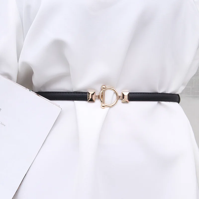 Women PU Leather Belt Skinny Thin Adjustable Waistband For Ladies Gold Round Buckle Waist Belt Dress Coat Accessories