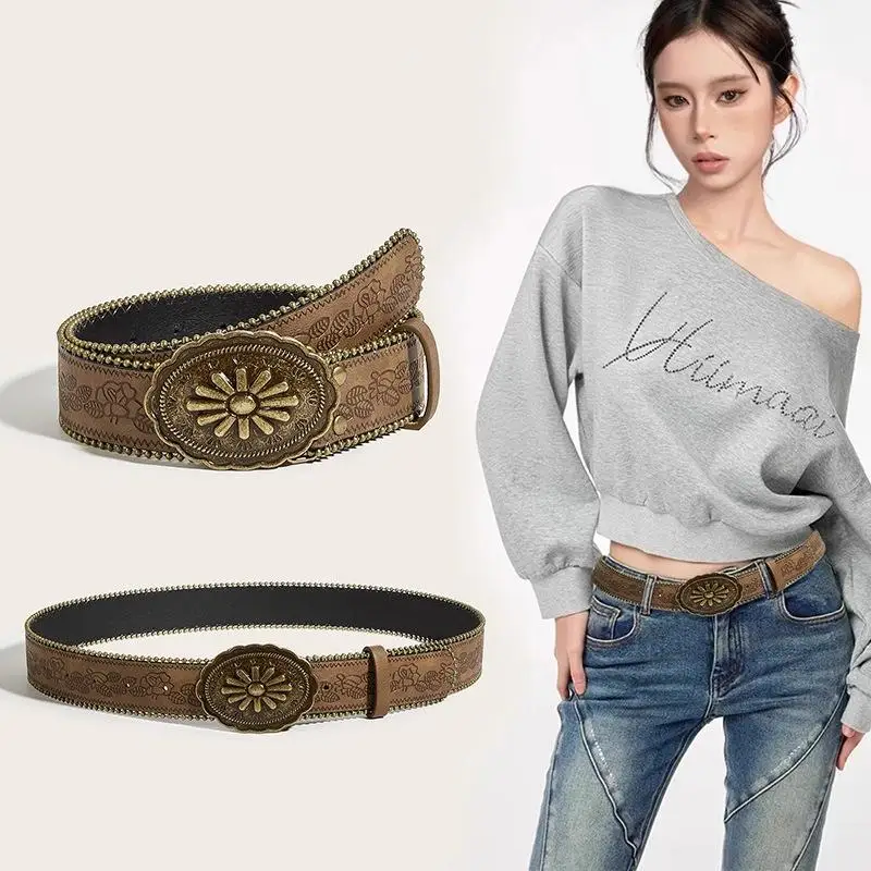 〔Funny〕Vintage Carved Buckle PU Wide Belts Boho Brown Embossed Waistband Western Jeans Pants Belt