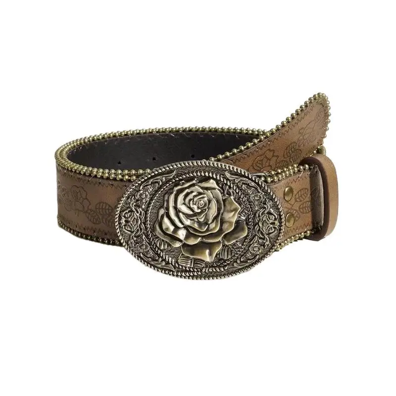 〔Funny〕Vintage Carved Buckle PU Wide Belts Boho Brown Embossed Waistband Western Jeans Pants Belt