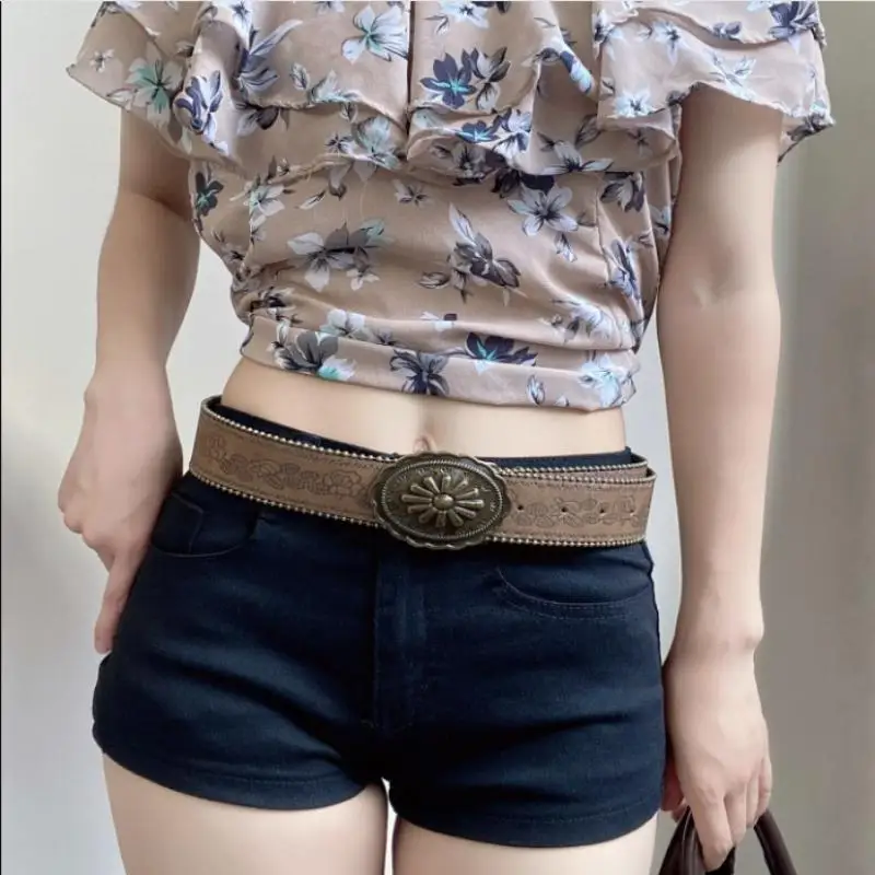 〔Funny〕Vintage Carved Buckle PU Wide Belts Boho Brown Embossed Waistband Western Jeans Pants Belt