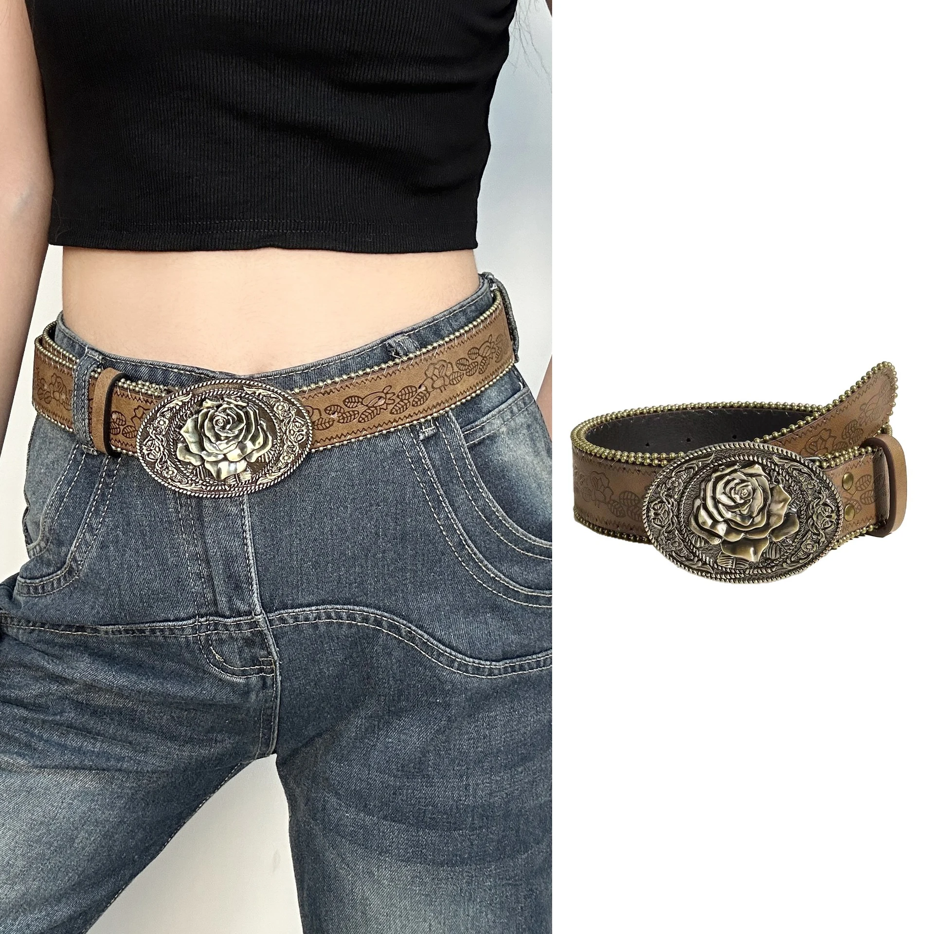 〔Funny〕Vintage Carved Buckle PU Wide Belts Boho Brown Embossed Waistband Western Jeans Pants Belt