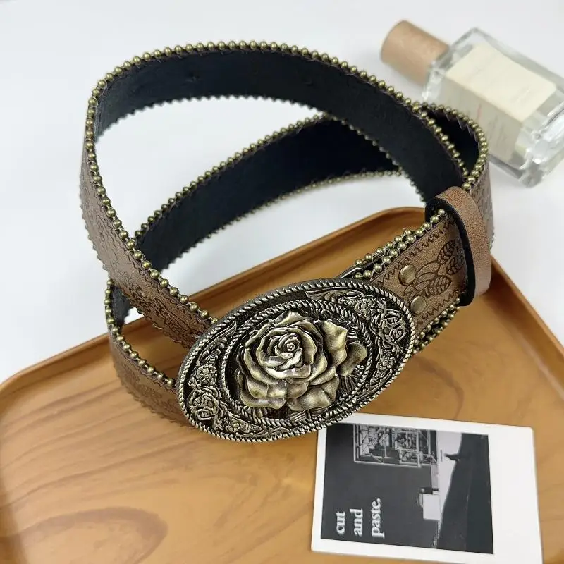 〔Funny〕Vintage Carved Buckle PU Wide Belts Boho Brown Embossed Waistband Western Jeans Pants Belt