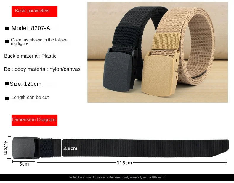 New3.8X120cm Plastic Buckle Nylon Canvas Belt Men Metal-free  Waist Belt Outdoor Hunting Multifunctional - Belt