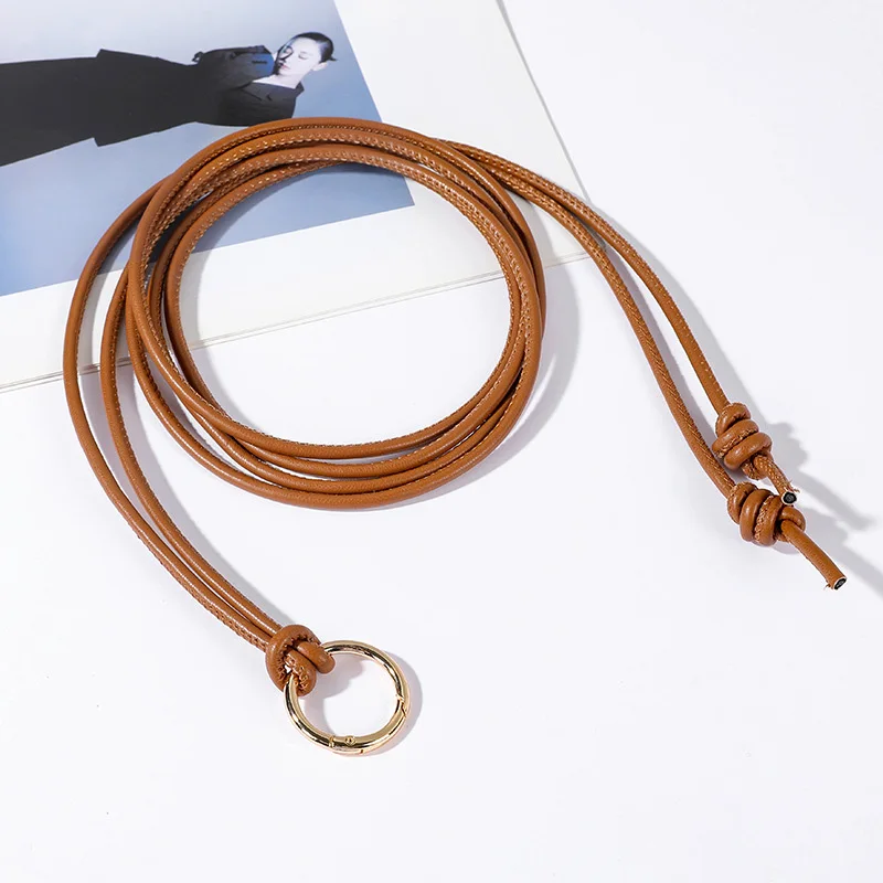 Vintage Long Leather Rope Knotted Women Belt Solid Color Korean Thin Waistbands For Female Lady Dress Skirt Decorative Straps