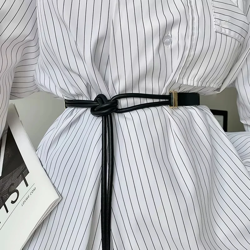 Vintage Long Leather Rope Knotted Women Belt Solid Color Korean Thin Waistbands For Female Lady Dress Skirt Decorative Straps