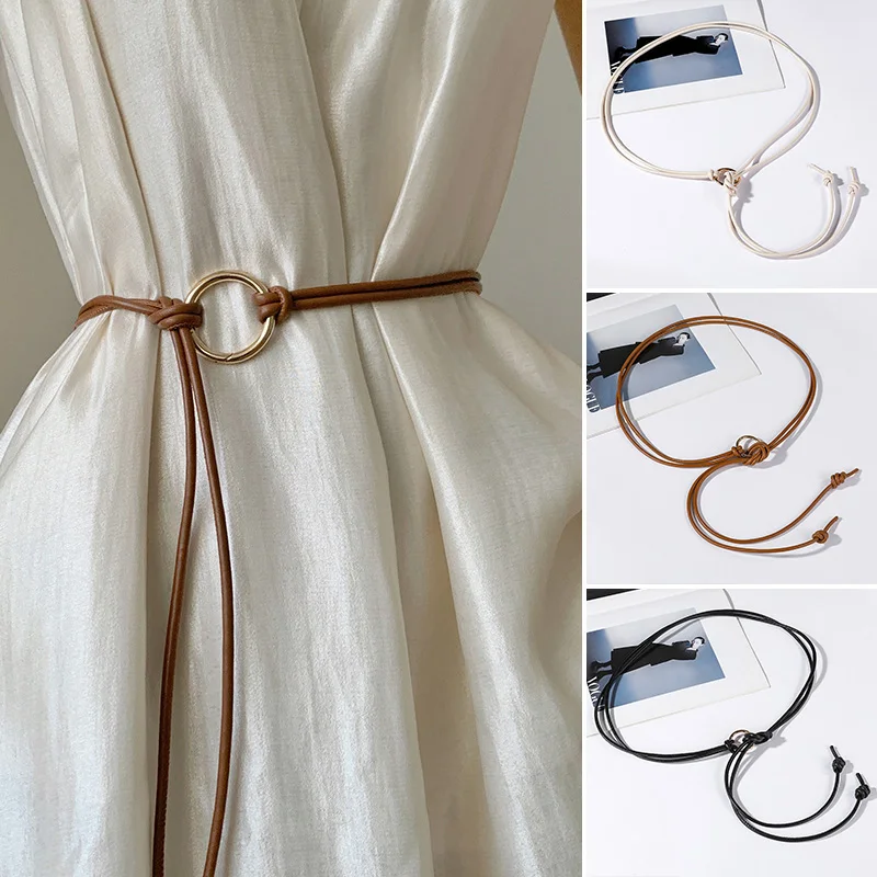 Vintage Long Leather Rope Knotted Women Belt Solid Color Korean Thin Waistbands For Female Lady Dress Skirt Decorative Straps