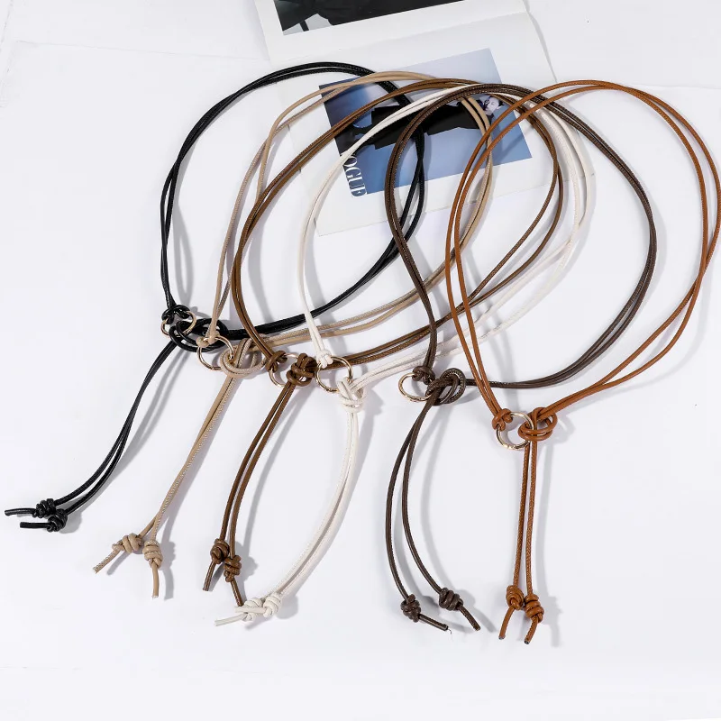 Vintage Long Leather Rope Knotted Women Belt Solid Color Korean Thin Waistbands For Female Lady Dress Skirt Decorative Straps