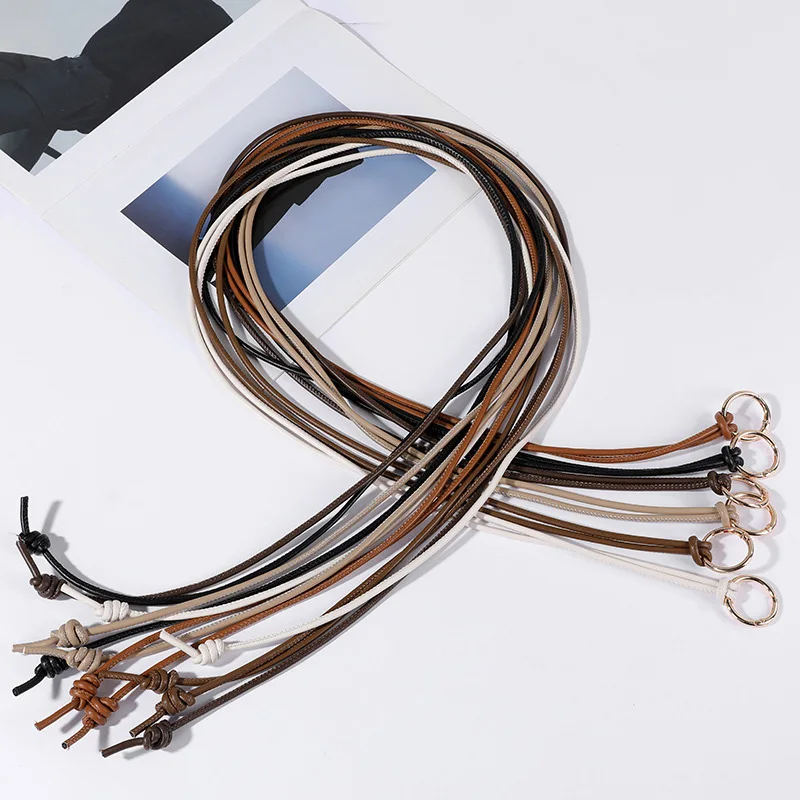 Vintage Long Leather Rope Knotted Women Belt Solid Color Korean Thin Waistbands For Female Lady Dress Skirt Decorative Straps