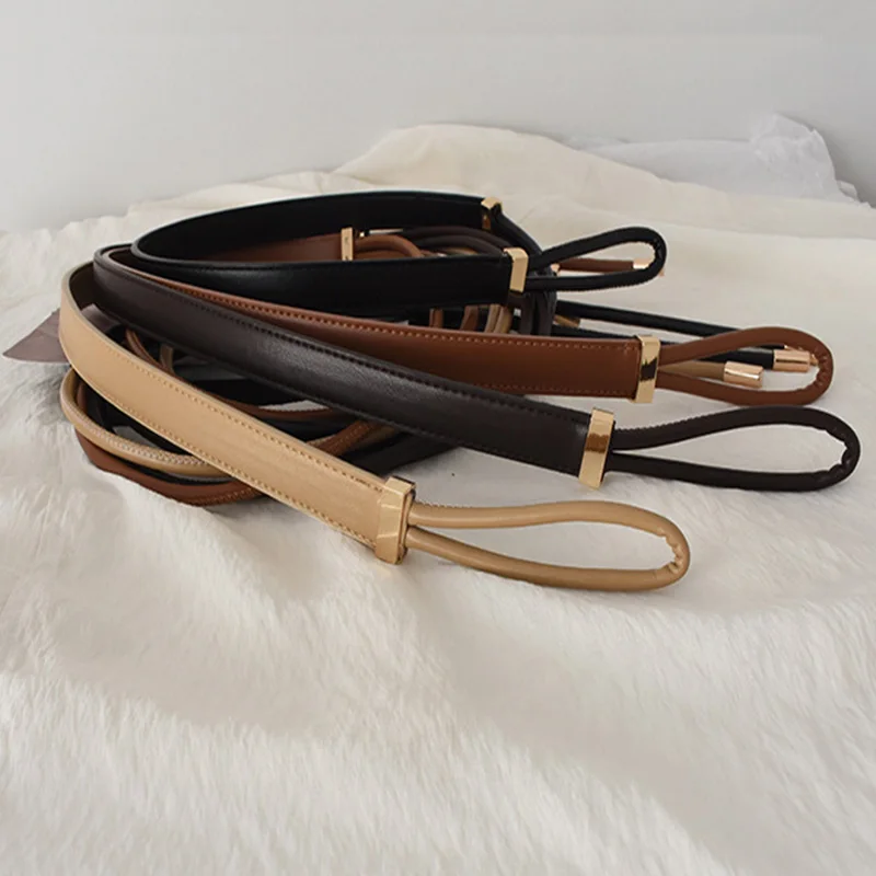 Vintage Long Leather Rope Knotted Women Belt Solid Color Korean Thin Waistbands For Female Lady Dress Skirt Decorative Straps
