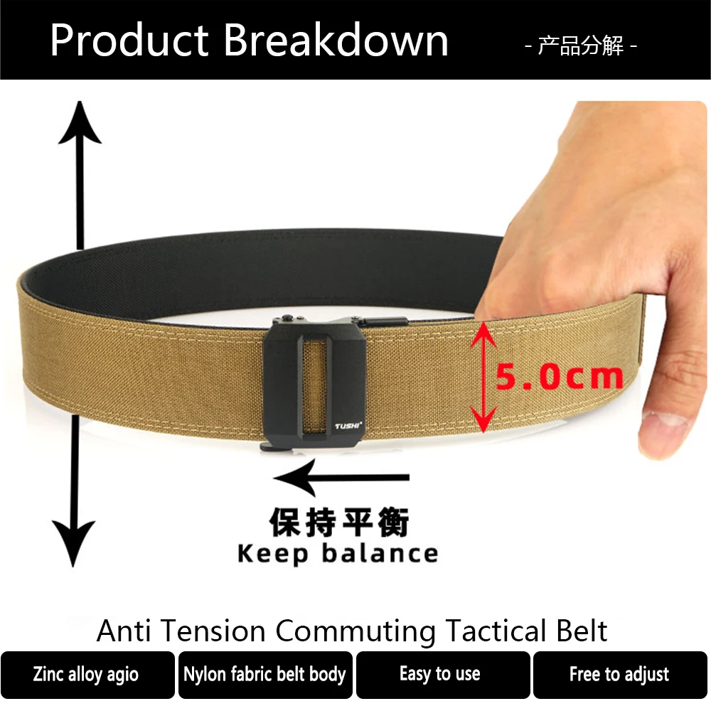TUSHI 5.0cm Hard Tactical Gun Belt for Men Metal Automatic Buckle Thick Nylon Police Military Belt Casual Belt IPSC Girdle Male