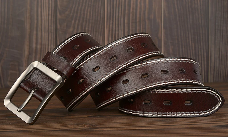 3.8CM Fashion Men Belts Genuine Leather Luxury Designer Vintage Thread Waist Belt For Jeans Cinturon Cowboy Hombre Dropshipping