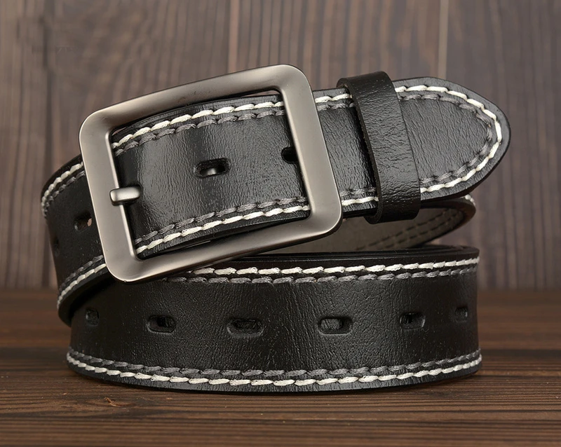 3.8CM Fashion Men Belts Genuine Leather Luxury Designer Vintage Thread Waist Belt For Jeans Cinturon Cowboy Hombre Dropshipping