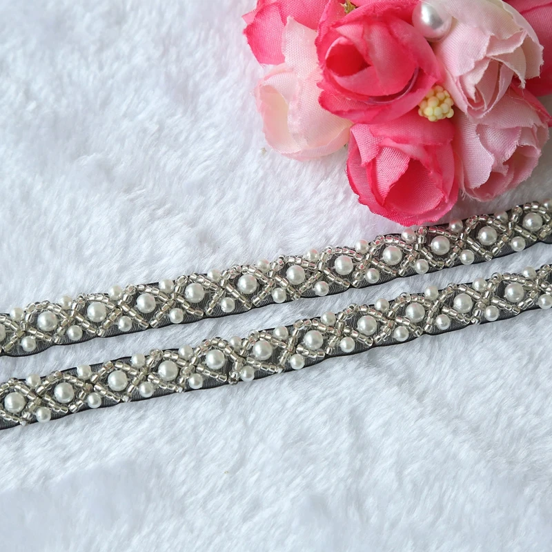 JLZXSY 1 Yard Silver Pearl Beaded Trim Bridal Pearl Trim Sew on Wedding Applique Belt Headband Accessories