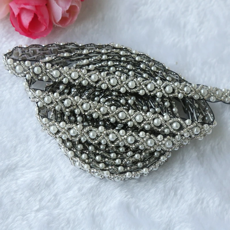 JLZXSY 1 Yard Silver Pearl Beaded Trim Bridal Pearl Trim Sew on Wedding Applique Belt Headband Accessories