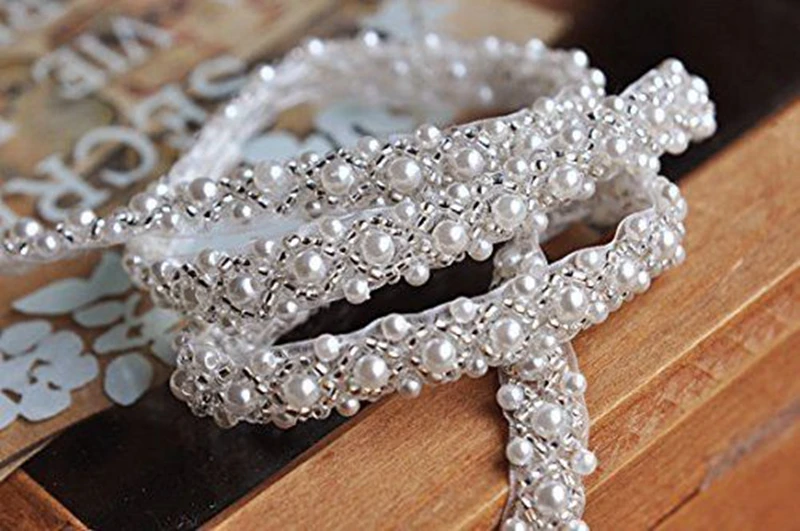 JLZXSY 1 Yard Silver Pearl Beaded Trim Bridal Pearl Trim Sew on Wedding Applique Belt Headband Accessories