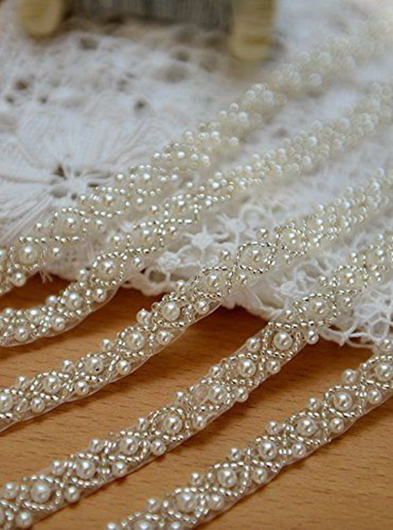 JLZXSY 1 Yard Silver Pearl Beaded Trim Bridal Pearl Trim Sew on Wedding Applique Belt Headband Accessories