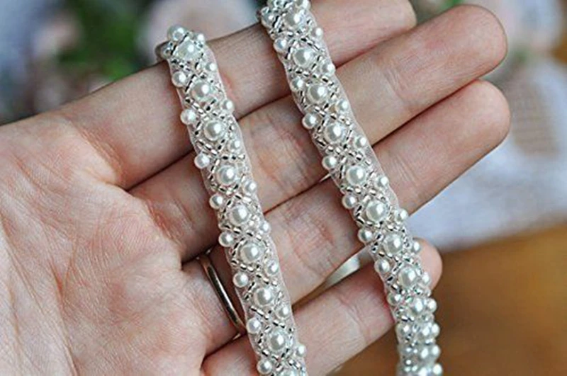 JLZXSY 1 Yard Silver Pearl Beaded Trim Bridal Pearl Trim Sew on Wedding Applique Belt Headband Accessories