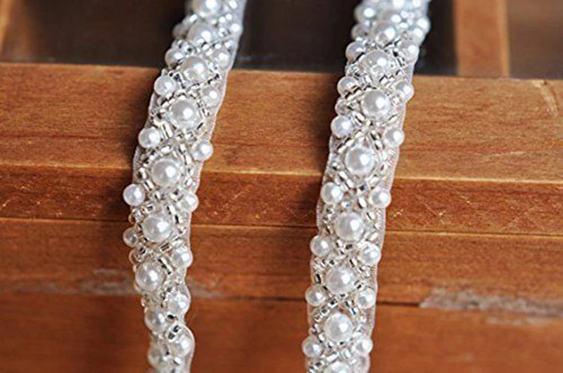 JLZXSY 1 Yard Silver Pearl Beaded Trim Bridal Pearl Trim Sew on Wedding Applique Belt Headband Accessories