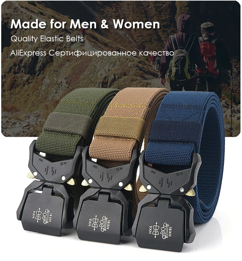 KOLBER 110cm/125cm/140cm Elastic Belt for Men Aluminum Buckle Quick Release Outdoor Casual Belt Military Tactical Belt Male