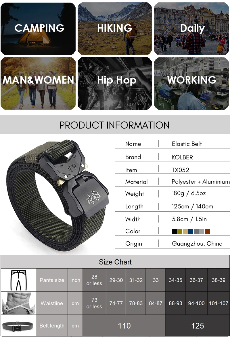 KOLBER 110cm/125cm/140cm Elastic Belt for Men Aluminum Buckle Quick Release Outdoor Casual Belt Military Tactical Belt Male