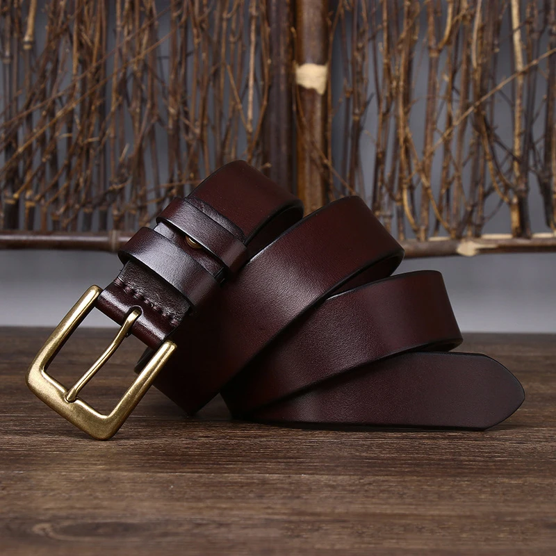 3.3CM Men's Genuine Leather Belt Luxury Designer Brass Pin Buckle Belts Pure Cowskin Vintage Strap Male Jeans for Man Women