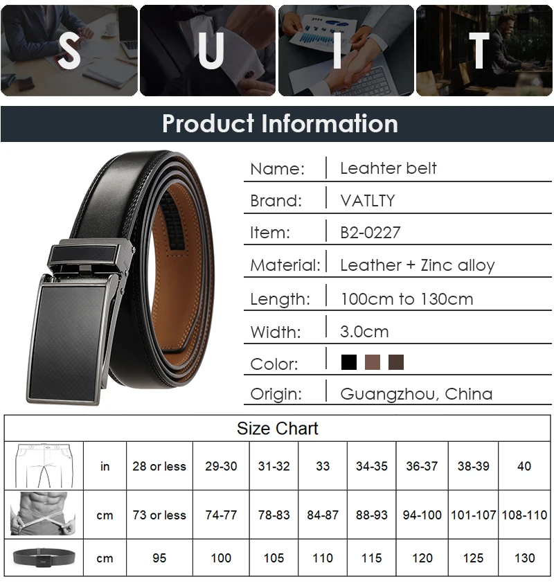 VATLTY New 3.0cm Men's Leather Belt Metal Automatic Buckle Trouser Belt for Male Fashion Non-perforated Waistband Girdle