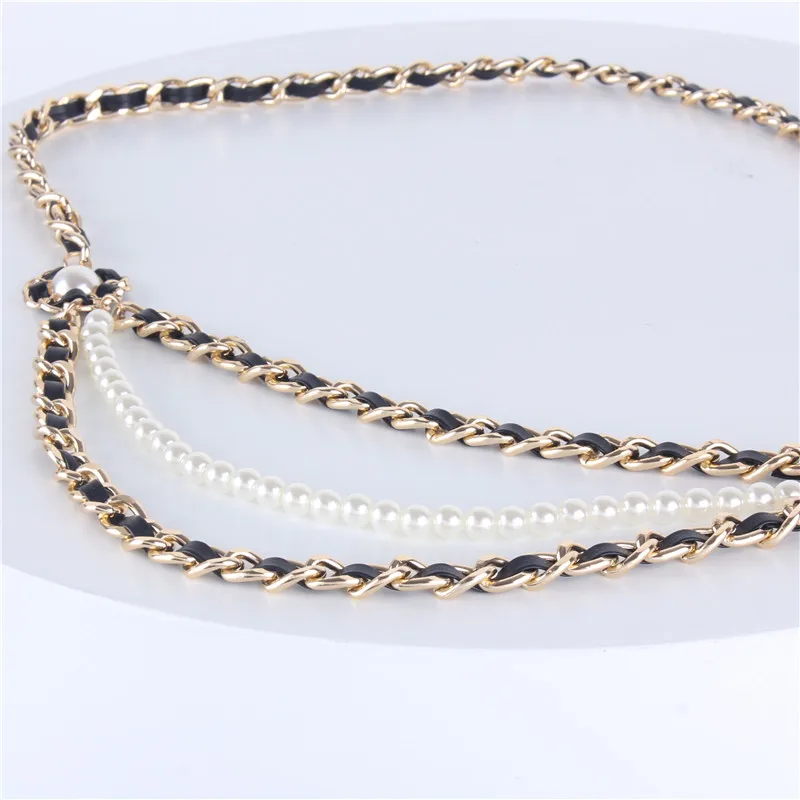 Pearl Chain Belts for Women Leather Luxury Jeans Metal Multi-layer Flower Straps Womans Belt for Dress Waist Chain Ladies