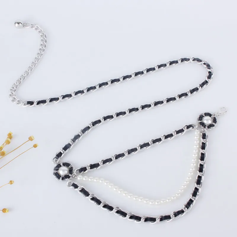 Pearl Chain Belts for Women Leather Luxury Jeans Metal Multi-layer Flower Straps Womans Belt for Dress Waist Chain Ladies