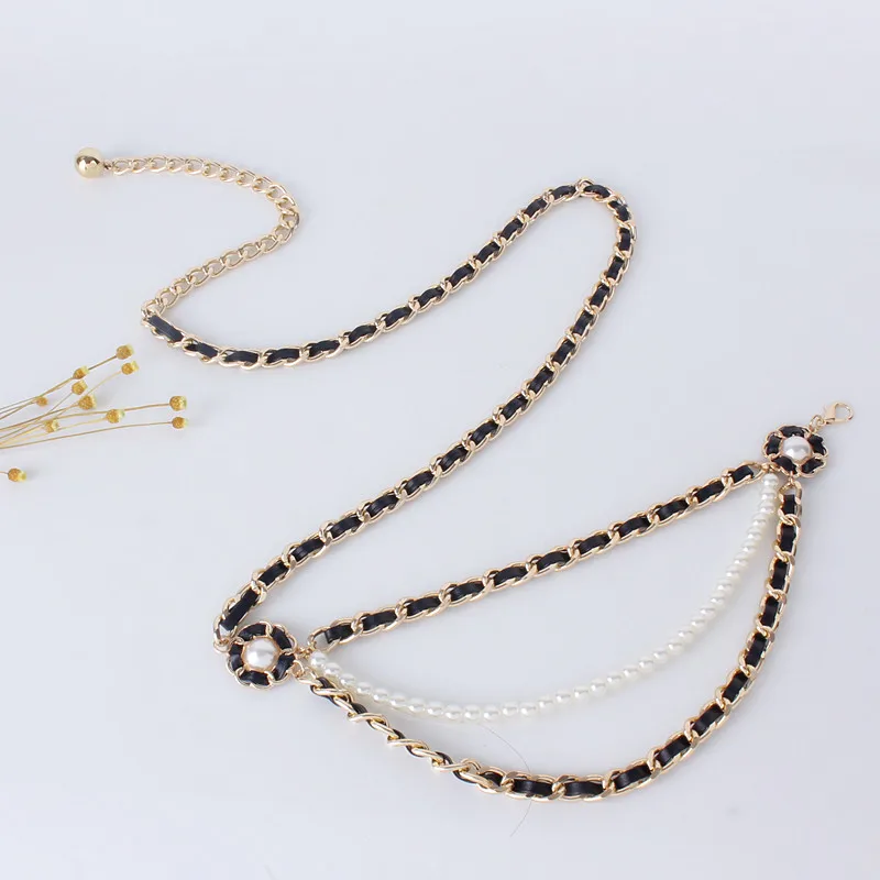 Pearl Chain Belts for Women Leather Luxury Jeans Metal Multi-layer Flower Straps Womans Belt for Dress Waist Chain Ladies
