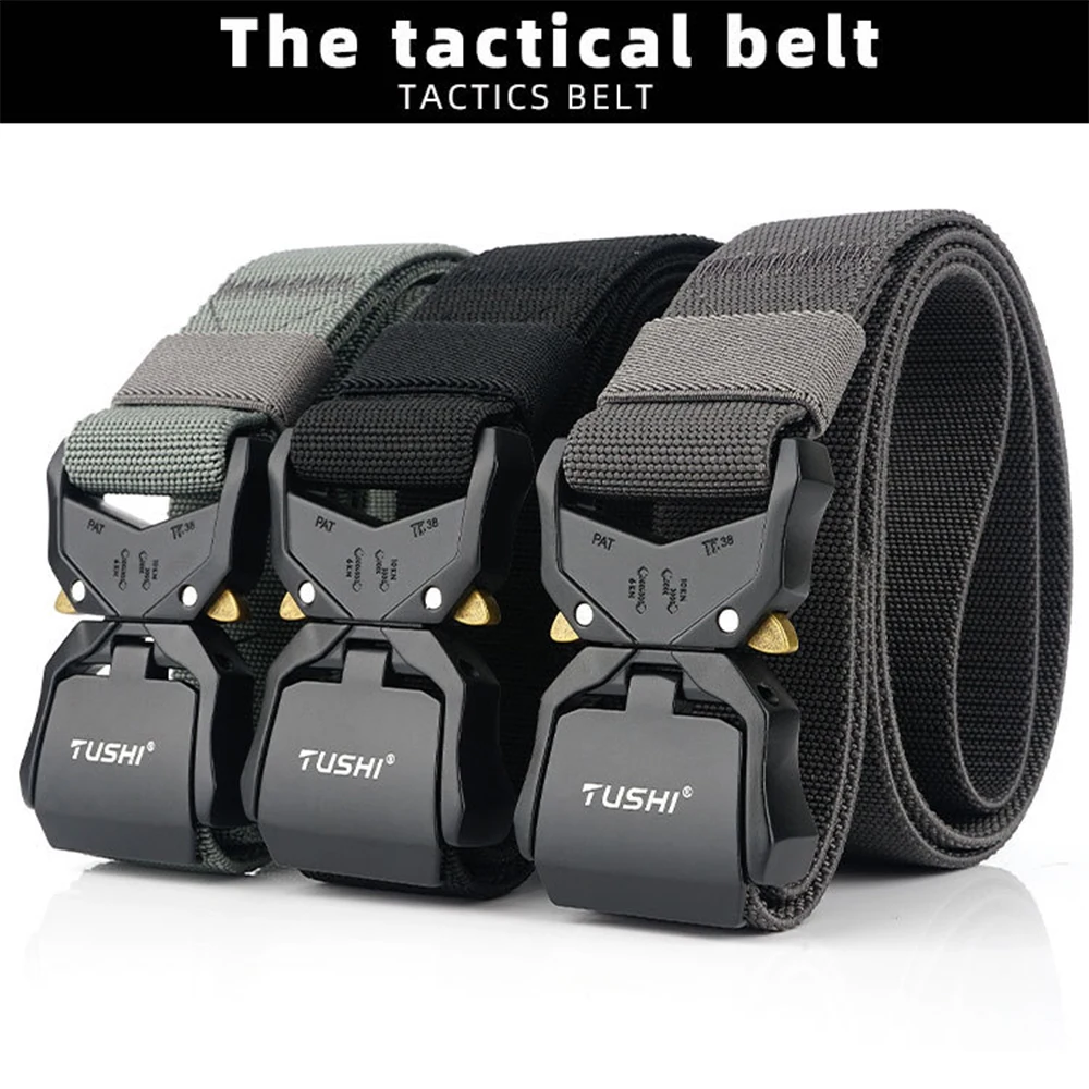TUSHI Elastic Jeans Belt For Men Aluminum Alloy Pluggable Buckle Training Tactical Belts Comfortable High Quality Male Belt