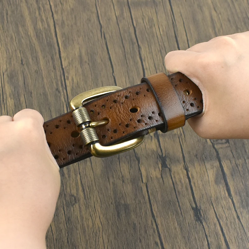 Deepeel 3.8cm Wide New 105-125cm Male Retro Genuine Leather Belt Hollow Top Layer Cowhide Pin Buckle Belts Men's Jeans Waistband