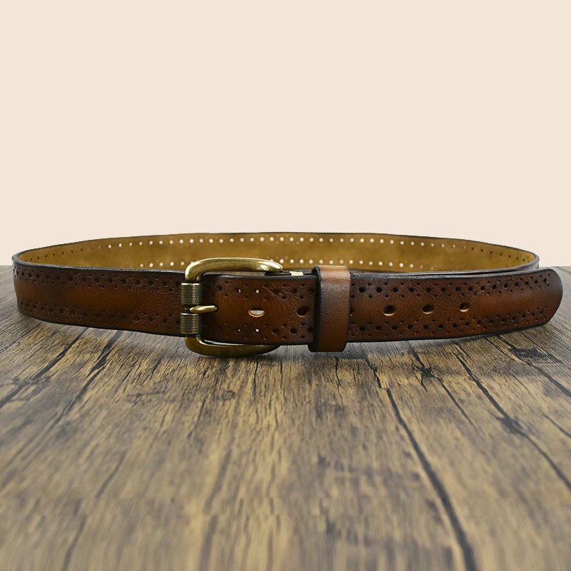 Deepeel 3.8cm Wide New 105-125cm Male Retro Genuine Leather Belt Hollow Top Layer Cowhide Pin Buckle Belts Men's Jeans Waistband