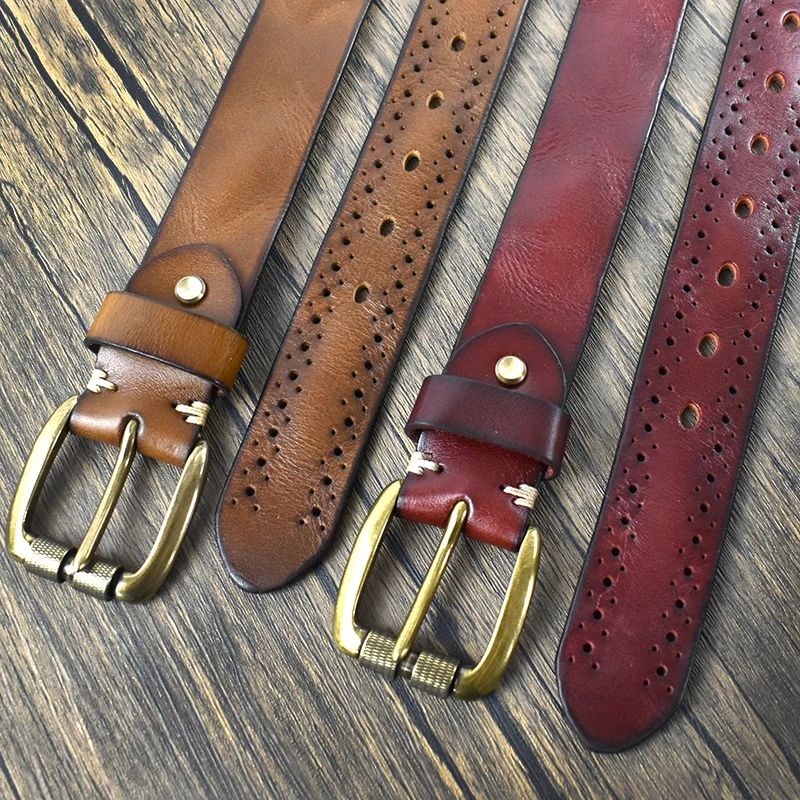 Deepeel 3.8cm Wide New 105-125cm Male Retro Genuine Leather Belt Hollow Top Layer Cowhide Pin Buckle Belts Men's Jeans Waistband