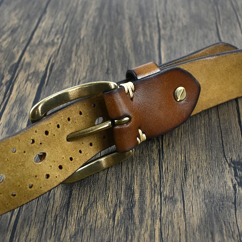 Deepeel 3.8cm Wide New 105-125cm Male Retro Genuine Leather Belt Hollow Top Layer Cowhide Pin Buckle Belts Men's Jeans Waistband