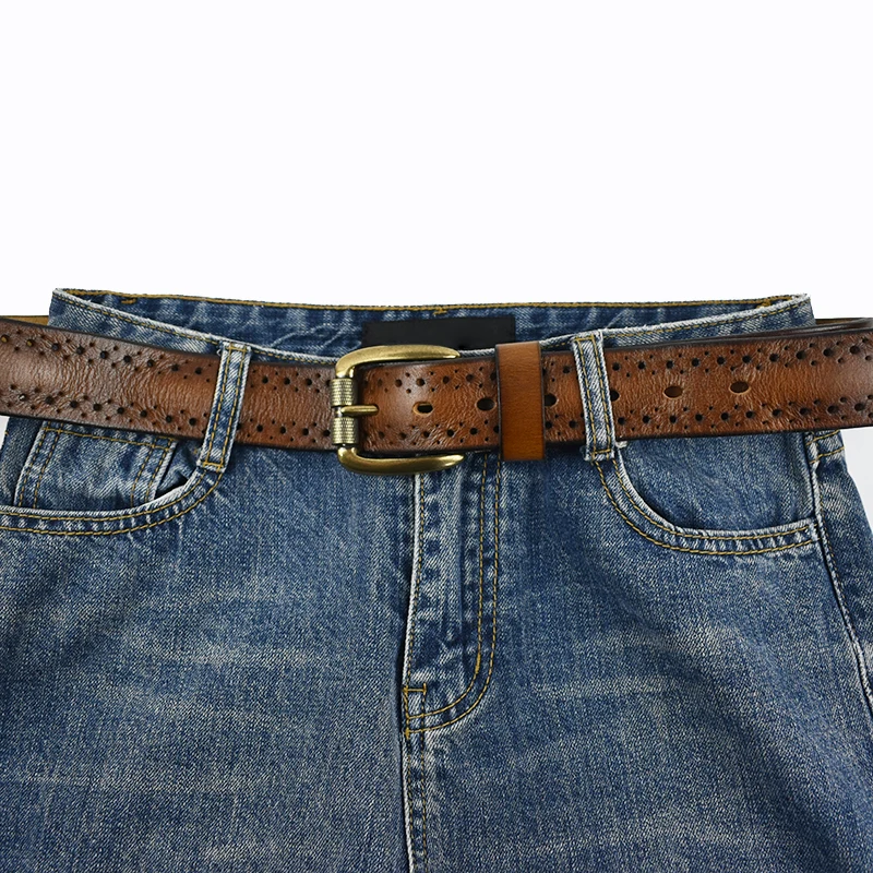 Deepeel 3.8cm Wide New 105-125cm Male Retro Genuine Leather Belt Hollow Top Layer Cowhide Pin Buckle Belts Men's Jeans Waistband