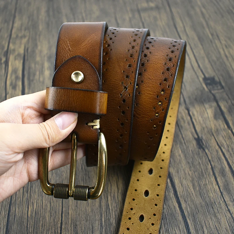 Deepeel 3.8cm Wide New 105-125cm Male Retro Genuine Leather Belt Hollow Top Layer Cowhide Pin Buckle Belts Men's Jeans Waistband