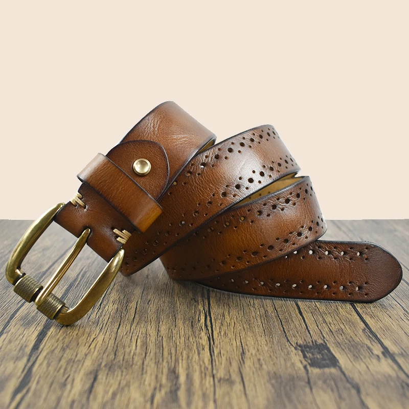 Deepeel 3.8cm Wide New 105-125cm Male Retro Genuine Leather Belt Hollow Top Layer Cowhide Pin Buckle Belts Men's Jeans Waistband