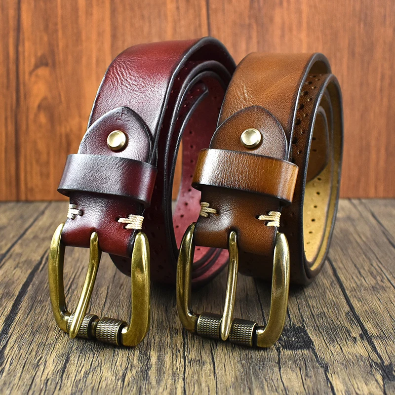 Deepeel 3.8cm Wide New 105-125cm Male Retro Genuine Leather Belt Hollow Top Layer Cowhide Pin Buckle Belts Men's Jeans Waistband